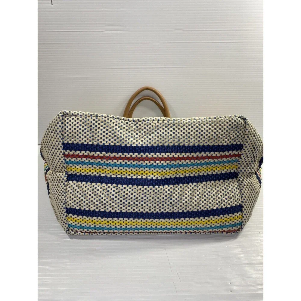 SHIRALEAH Chicago Ria Woven Paper Tote Bag Purse Striped Pompoms NWT - Picture 9 of 13